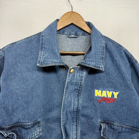 Vintage Navy Denim Bomber Jacket Mens Large Blue Cropped Boxy Elastic Collar 90s - Picture 2 of 9